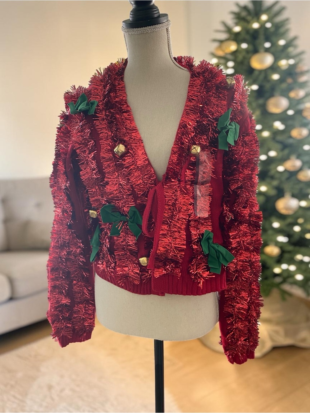 Women's 33 degrees Red Festive Tinsel Cardigan Ugly Sweater Jacket Size XL NWT